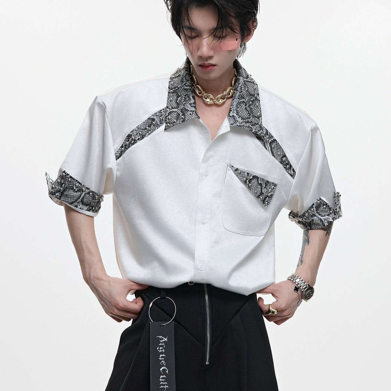 Niche Snake Patterned Leather Patchwork Shirt With Metal Rivet Design For A Cool Cardigan