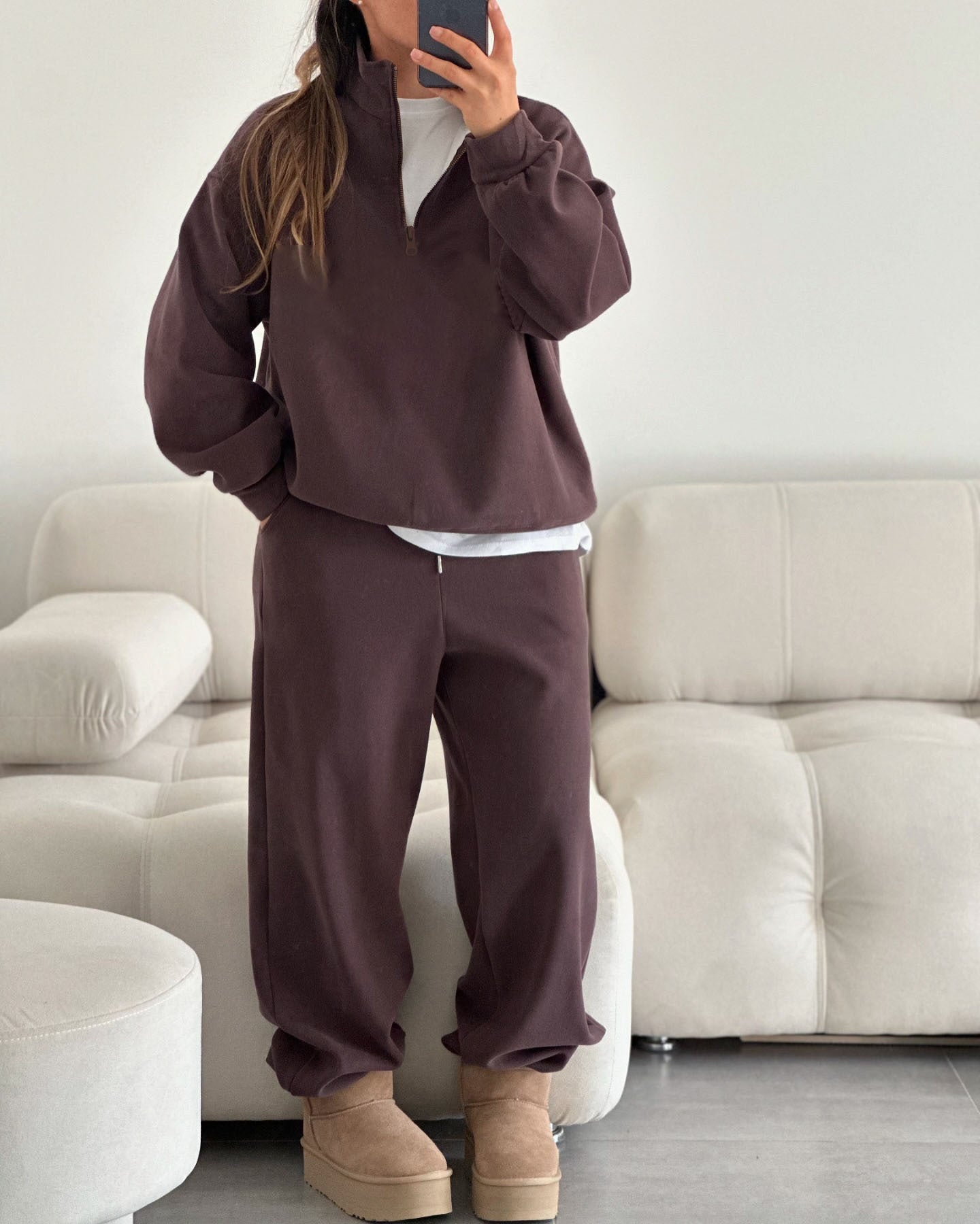 Fashionable Half-Open Collar Long-Sleeve Hoodie And Pants Casual Set