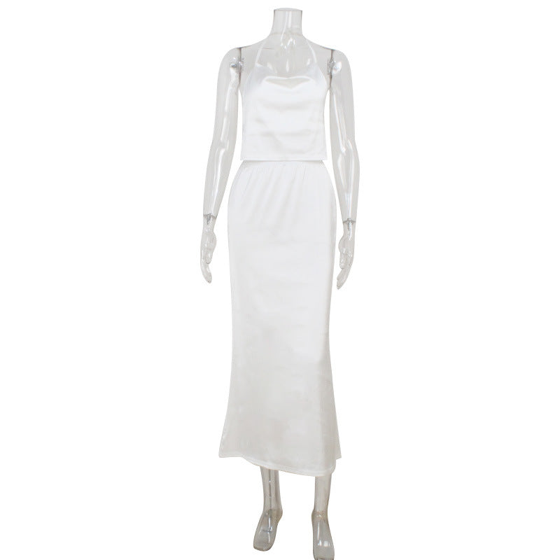 Halter Top With Open Back Paired With A Low-rise Skirta Two-piece Set