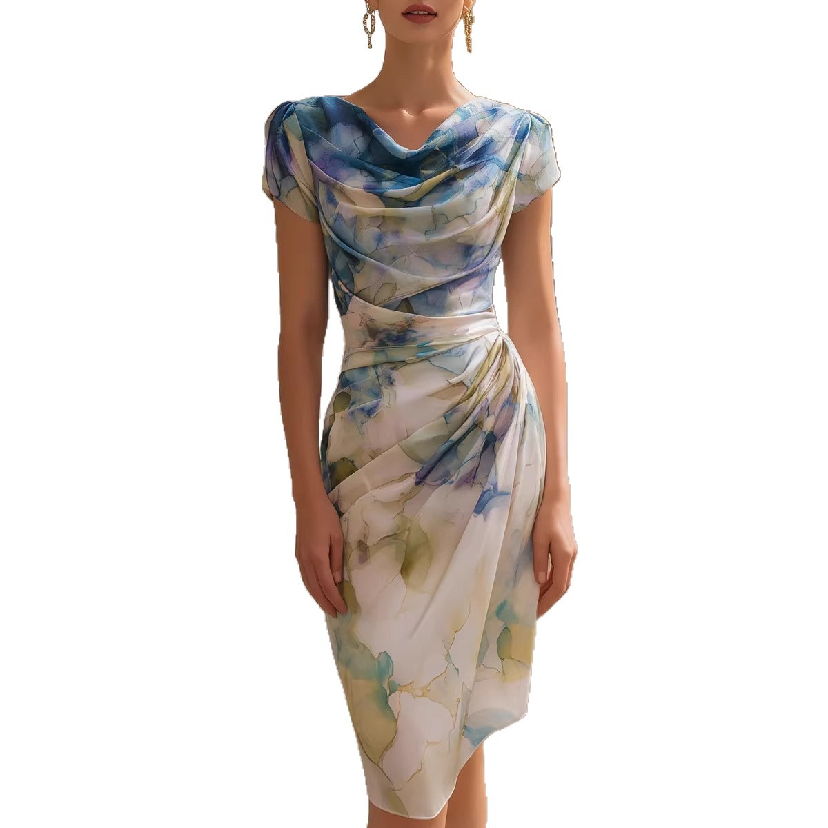 Elegant Abstract Print Pleated Boat-Neckline Holiday Dress