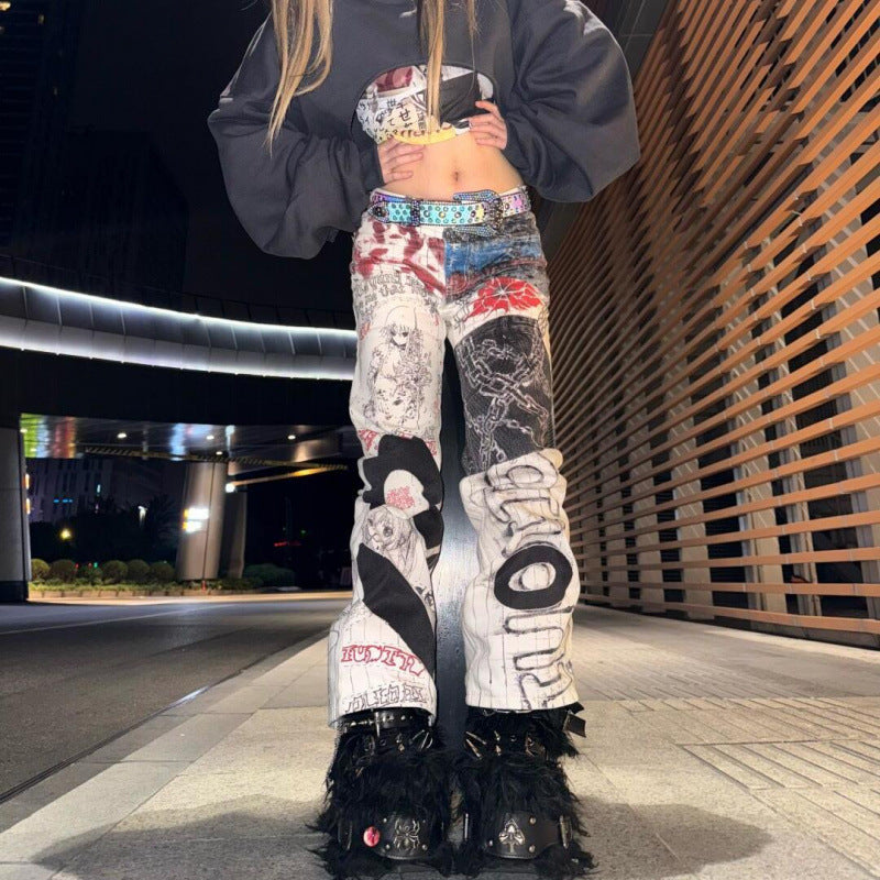 American Spicy Girl Graffiti Print Jeans For Men And Women, New Autumn And Winter Style