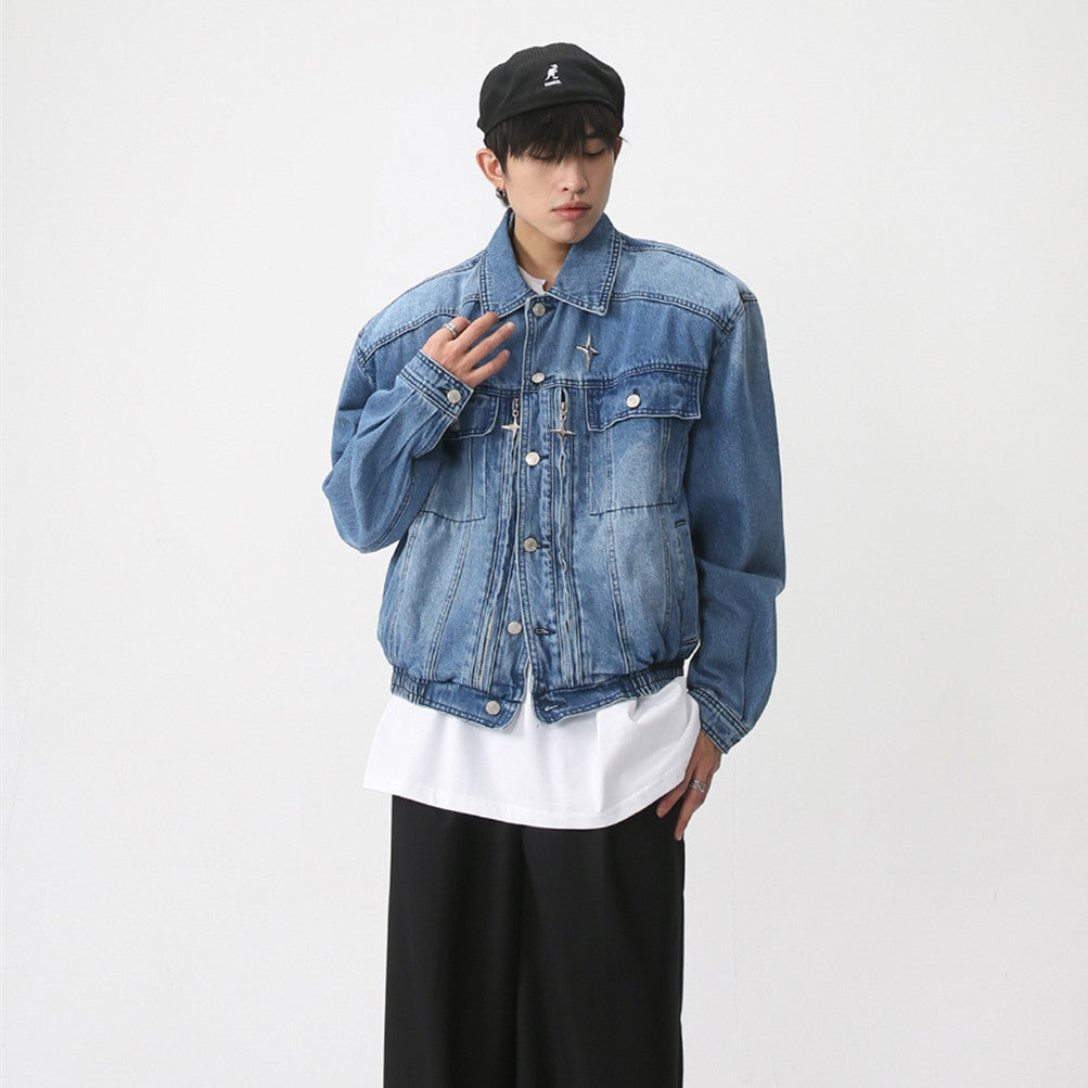 Spring Padded Shoulder Loose Waist Elastic Design Denim Jacket