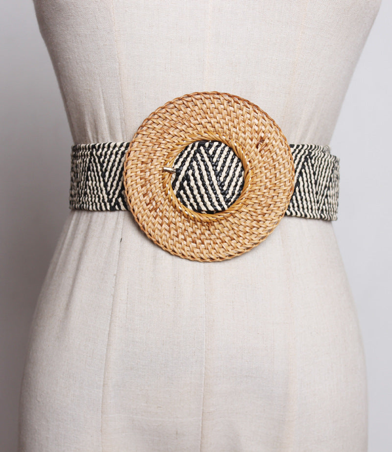 Versatile Oversized Round Buckle Straw  Elastic Belt