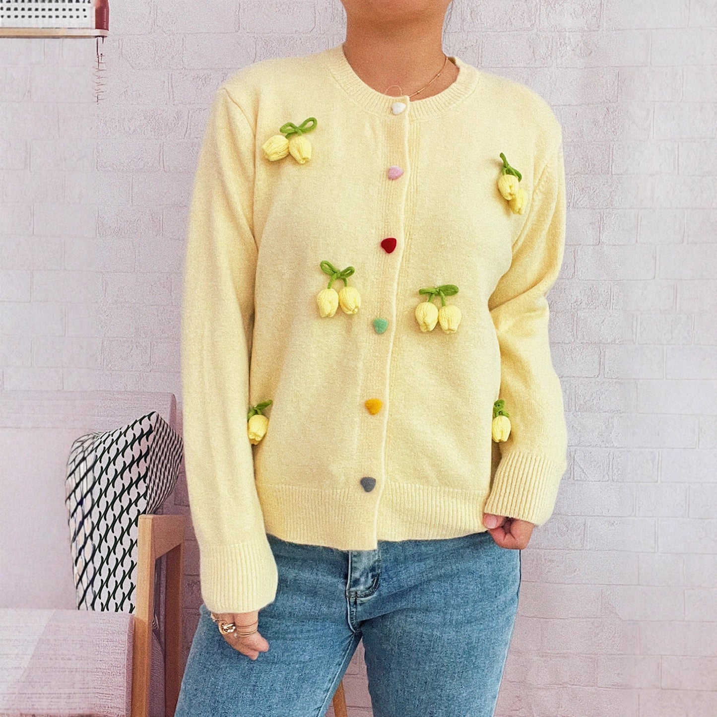 Three-dimensional Decoration Flower Cute Style Knit Casual Valentine's Day Sweater