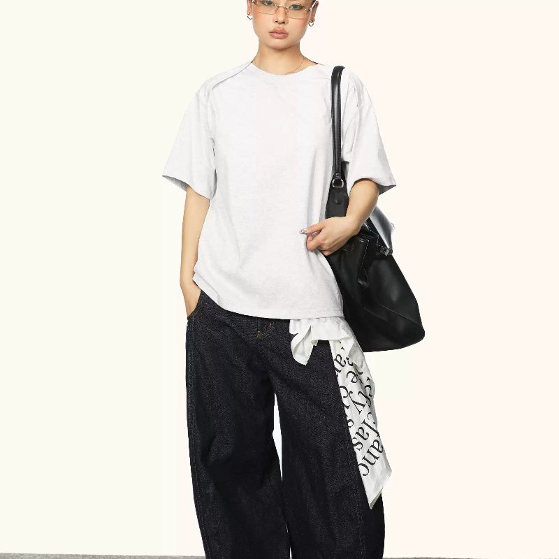 Retro Round Neck Short Sleeves T-shirt Women's Summer Stitching Design Sense