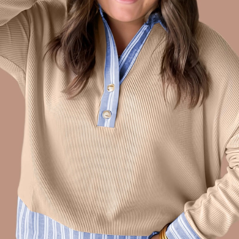 Oversized Striped Knit Turtleneck Top With Parchment Color And Contrast Trim