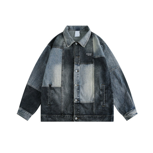 Spring American Fashion Brand Worn Looking Washed-out Patchwork Denim Jacket Hip Hop Versatile Workwear Jacket
