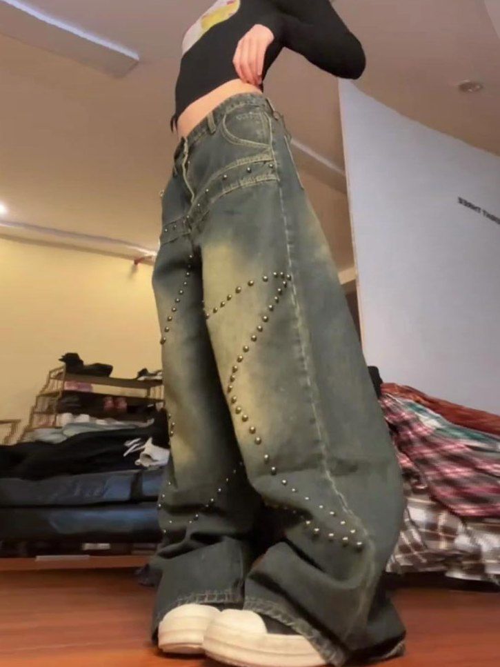 Plus Size Amerikanske Retro Vaskede Nittejeans med Stjerner