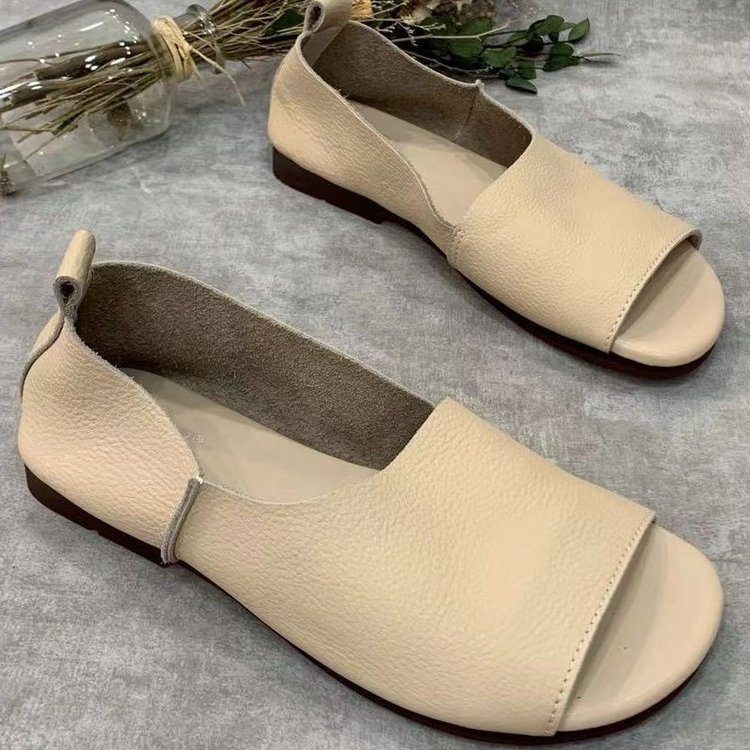Retro Handmade Soft Leather Open-toe Fish-mouth Shoes With A Soft Sole
