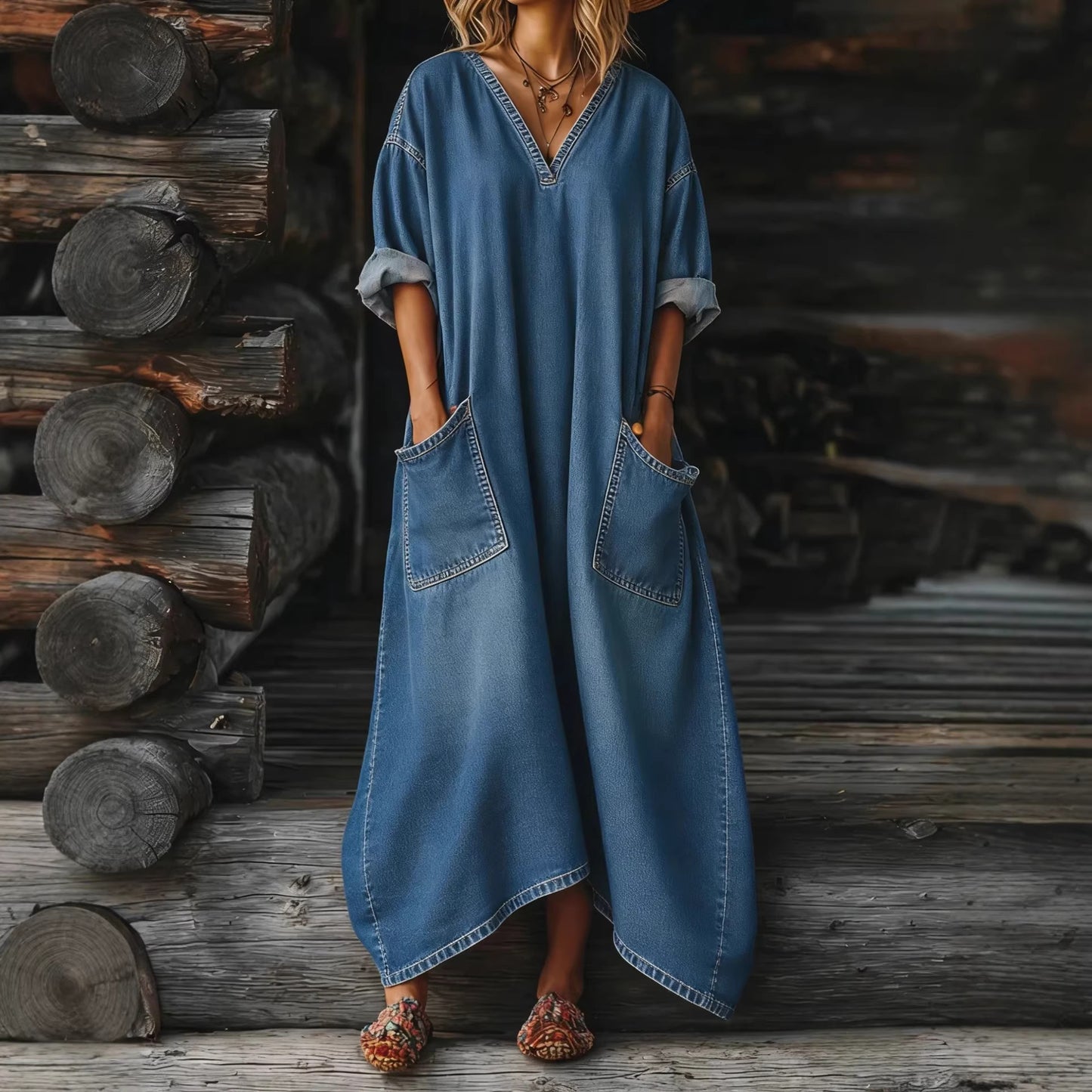 Casual Loose-fit Midi Denim Dress