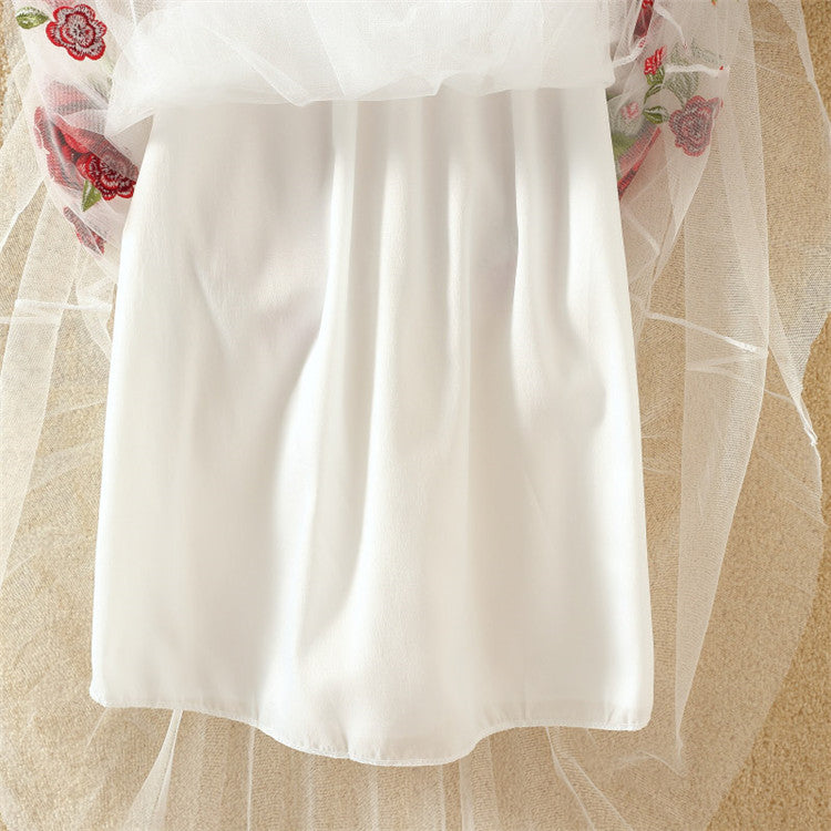 Embroidered Floral Pleated Mesh Skirt Mid Length