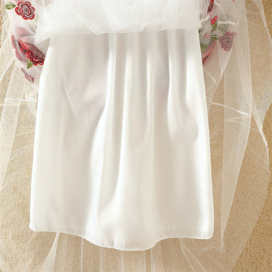 Embroidered Floral Pleated Mesh Skirt Mid Length