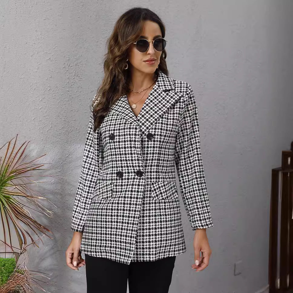 Autumn Women's Houndstooth Lapel Long Sleeve Coat