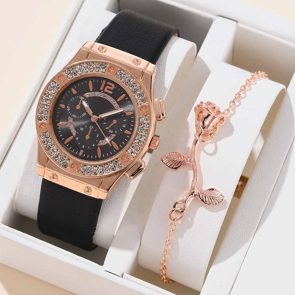 Ins Korean Style Diamond-embedded Fashion Pu Strap Watch