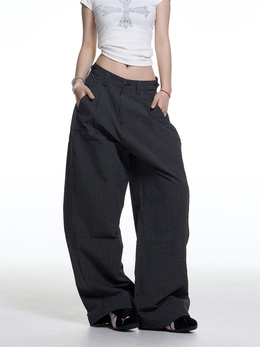 American Retro Plaid Lazy Wide Leg Machete Casual Pants For Women