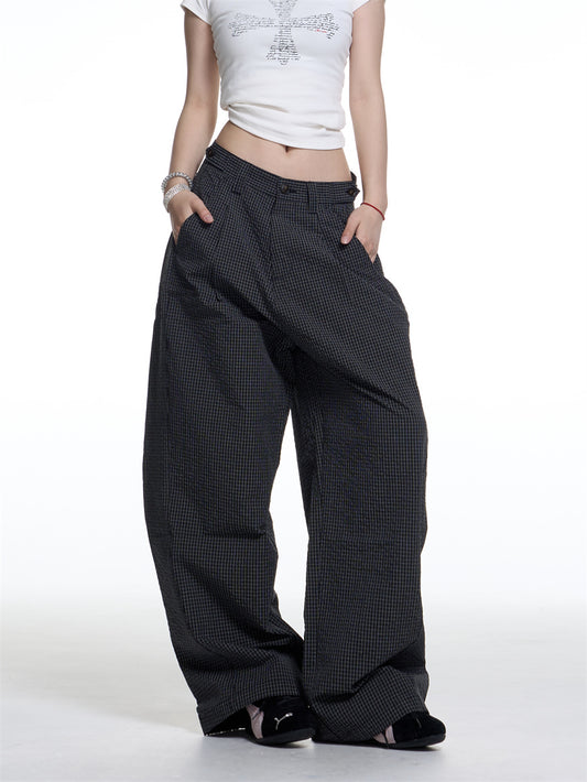 American Retro Plaid Lazy Wide Leg Machete Casual Pants For Women