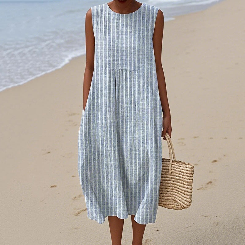 Pocketed Crew-neck Dress With Geometric And Floral Elements