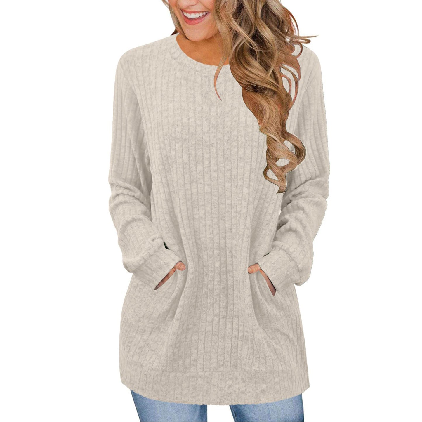 Casual Patchwork Crewneck Long-Sleeve Solid-Color Ribbed Sweater