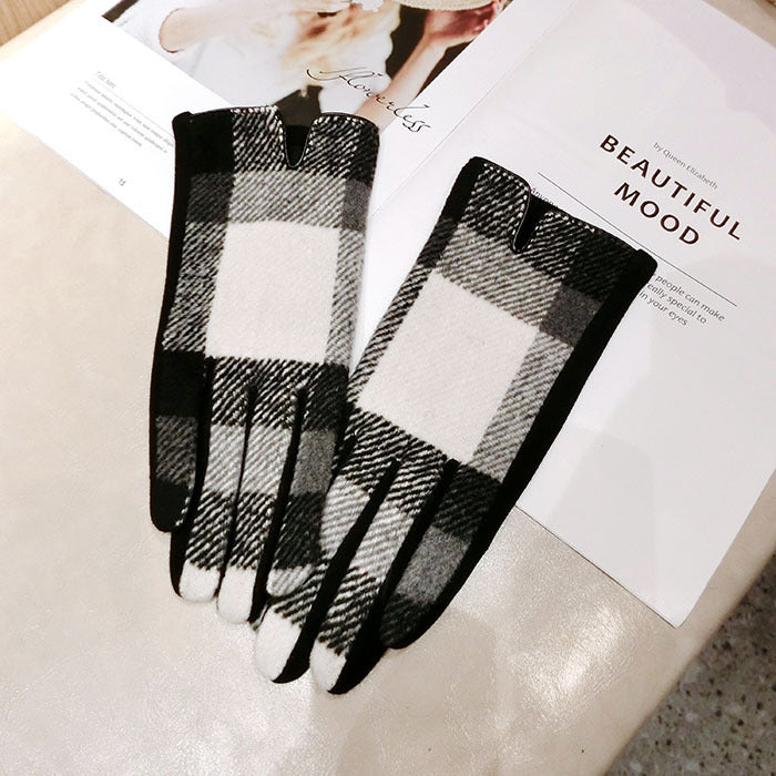 Color Plaid Wool Plus Velvet Thick Five-finger Gloves