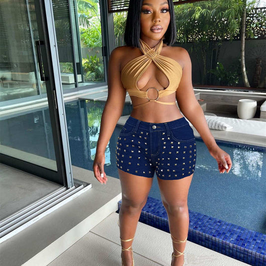 European And American Women's Fashion Nails Brushed Edge Denim Shorts