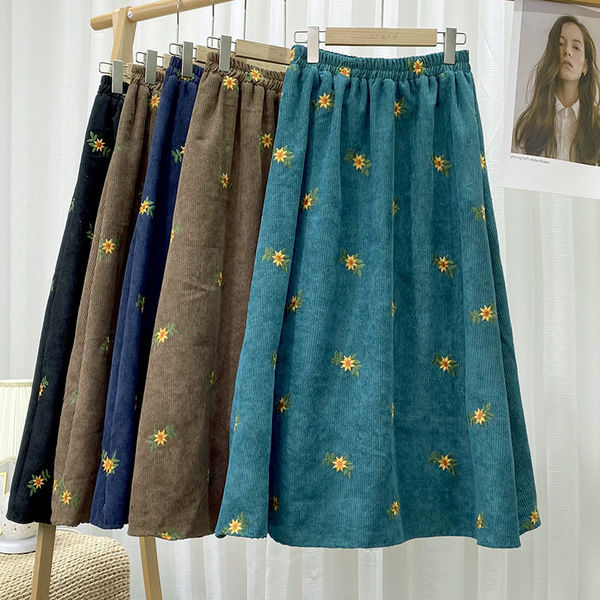 Womens High-Waisted Slimming Corduroy Embroidered Midi Skirt With An Elegant Touch