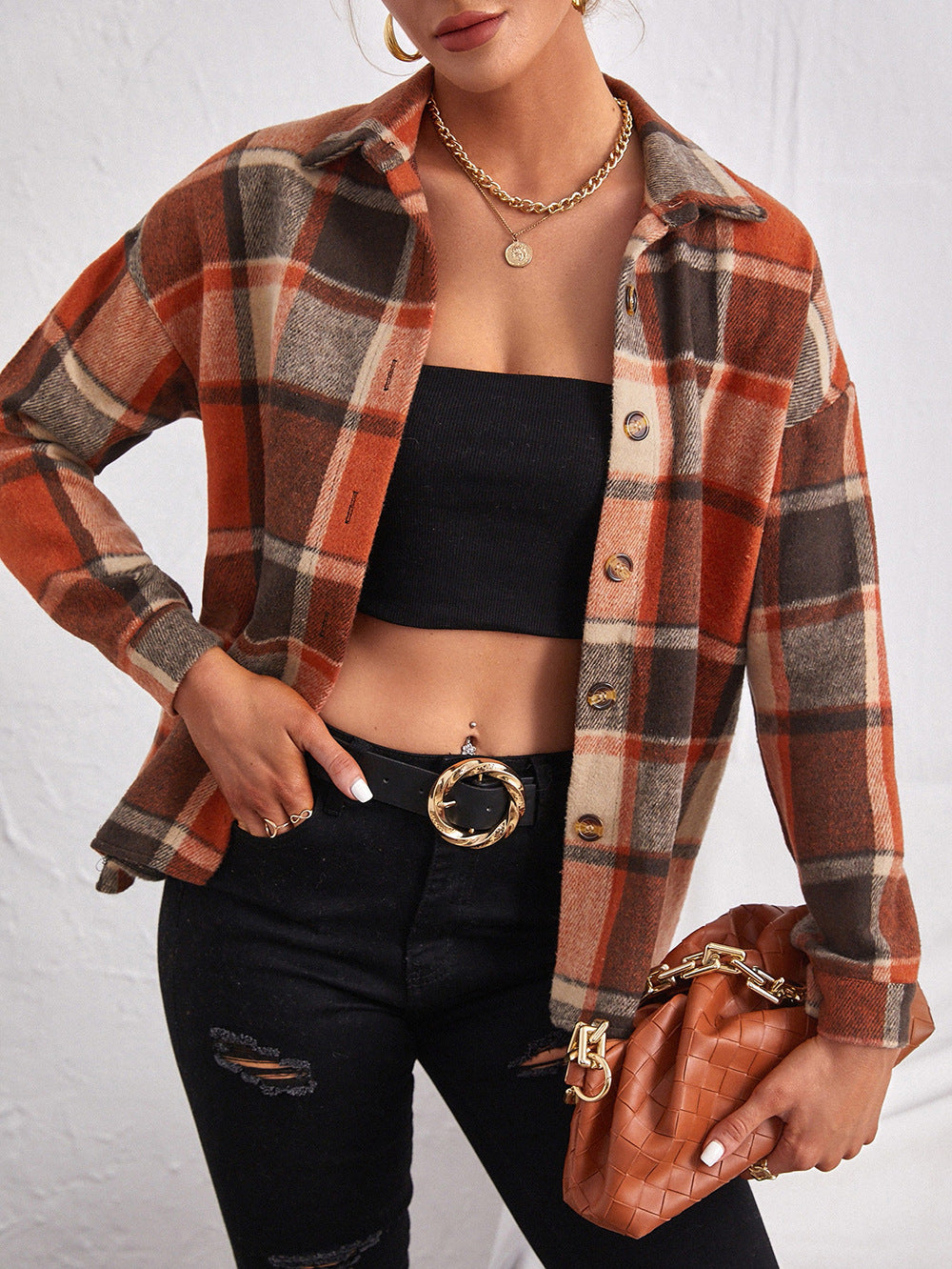 Lapel Single Breasted Cardigan Plaid Woolen Temperament Commute