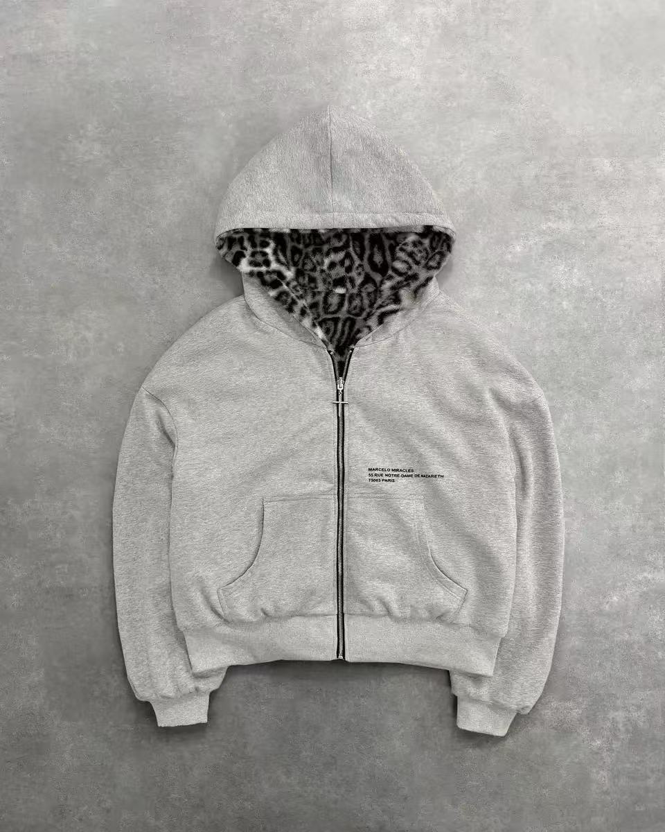 Hooded Hoodie Two Sides Can Wear Vintage Leopard Print Zipper Hoodie