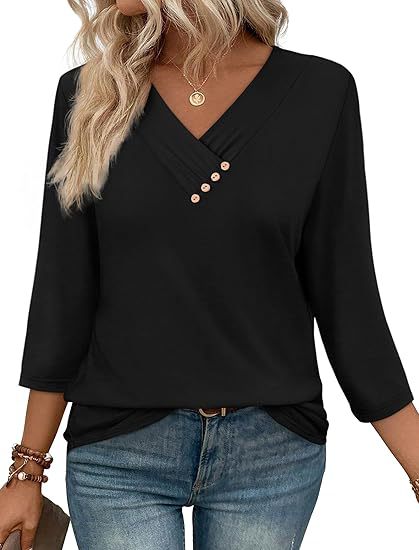 Europæisk og amerikansk ny efterårs dametøj, knap-V-hals, moderigtig, afslappet langærmet T-shirt