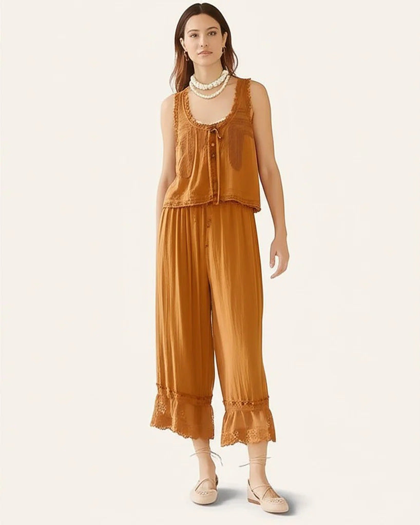 Womens Cropped Pants With Patchwork Lace Vest Set