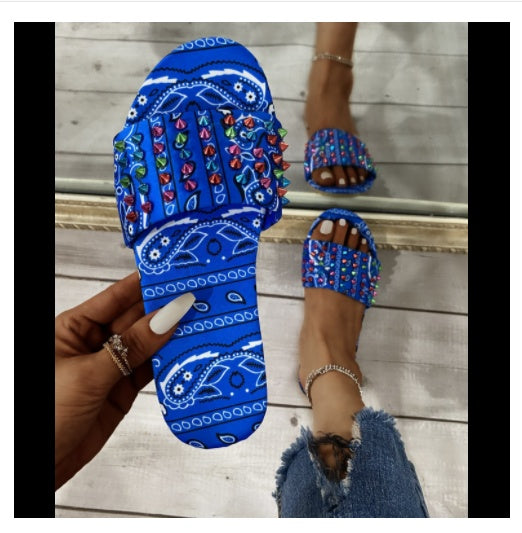 European And American New Style Printed Toe Flat Rivet Casual Sandals And Slippers