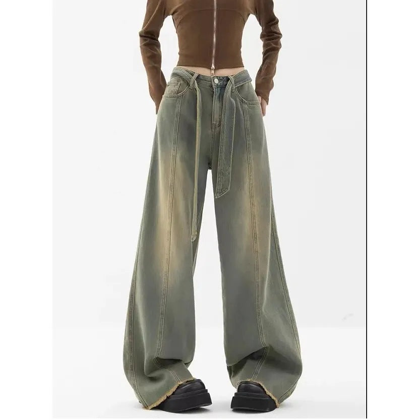 Retro Blue Jeans Women's Straight Loose Wide Leg Pants Dark Wide Foot Mopping