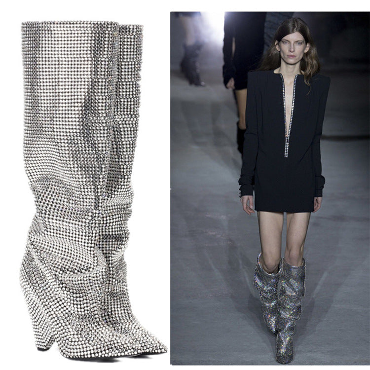 Rhinestone High-heeled Pointy Nightclub Show Knee-length Boots