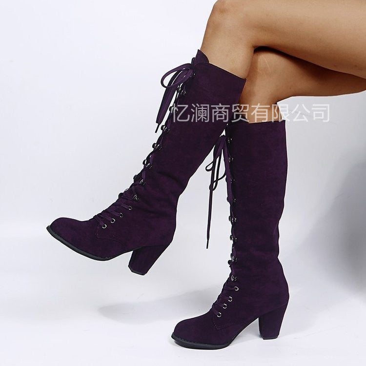 Winter New High Solid Color Thick Heel Round Head Lace-up Knight Boots Fashion High Heel Boots