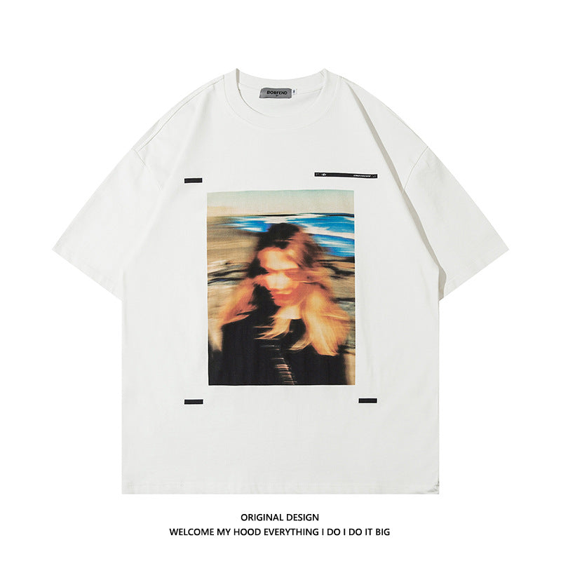 American Retro Portrait Printing Loose Plus Size Short Sleeve
