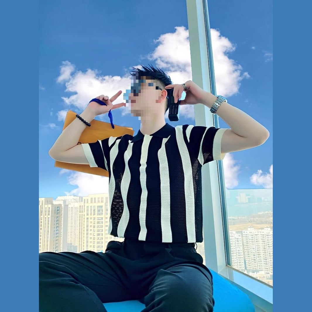 Mens Striped Knitted Polo Shirt With A Cool Edgy Turn-Down Collar