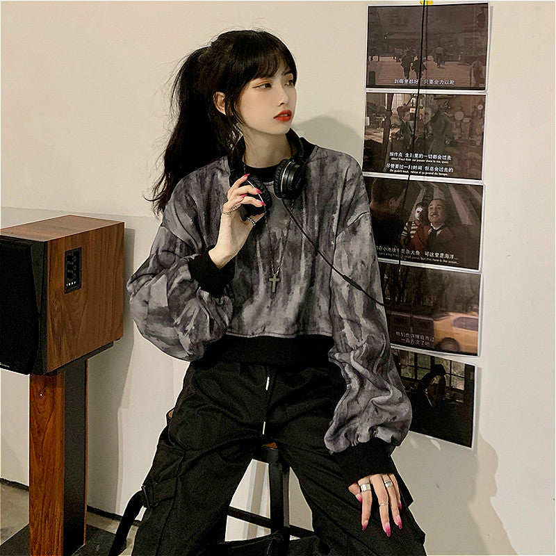 Women's Autumn Short Sweater Harajuku Style Tie Dye Long Sleeve Loose