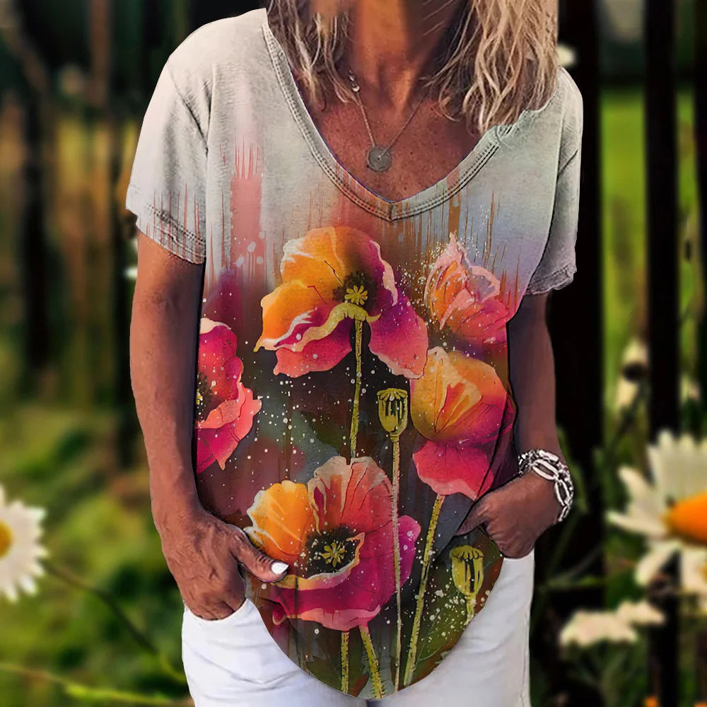 Women's Cotton Short-sleeved T-shirt V-neck Floral Print