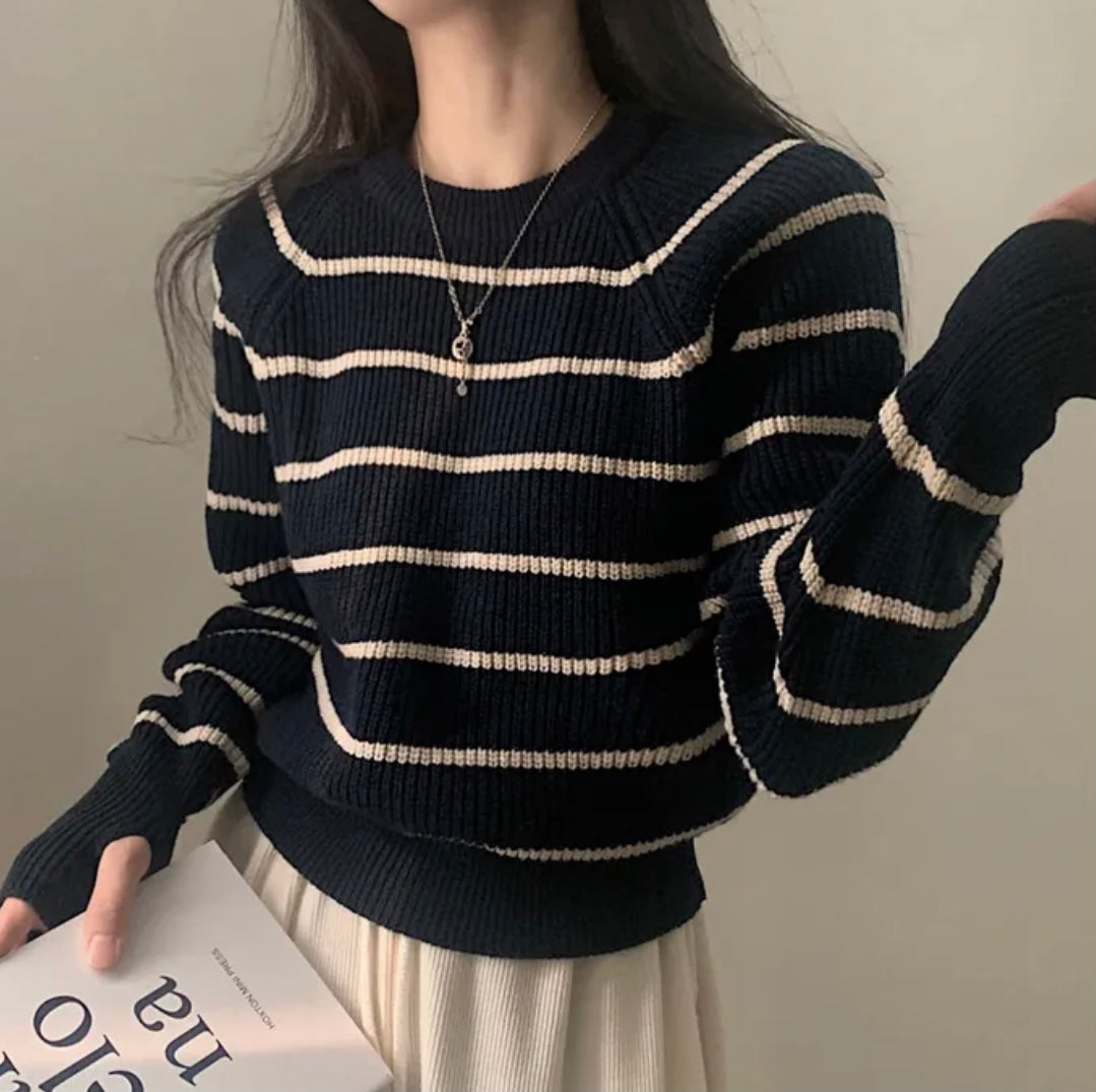 Autumn And Winter Contrast Color Striped Crew Neck Pullover Sweater