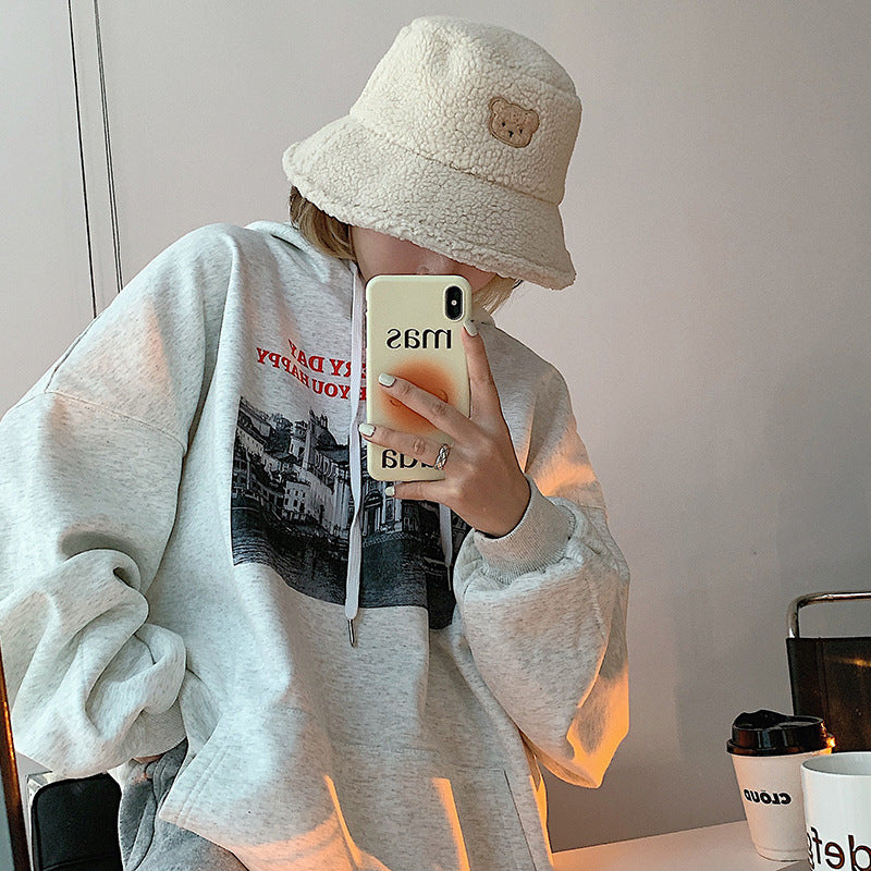 Cute Bear Lamb Hair Fisherman Corduroy Warm Basin Hat