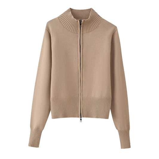 Knitted Zipper Versatile Solid Color Semi-high Neck Long Sleeve Cardigan Sweater