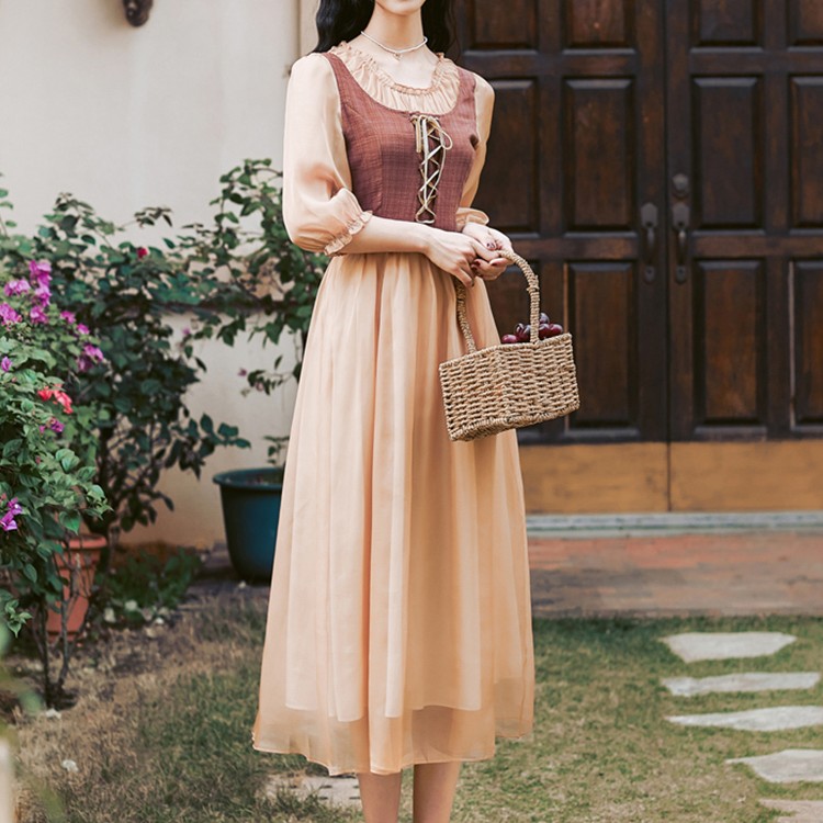 Lace Up Drawstring Fake Two-piece Dress For Women