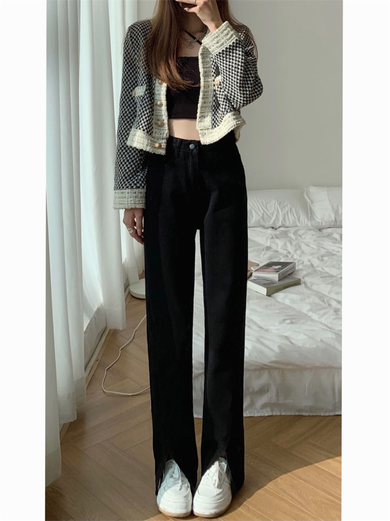 Split Black Jeans High Waist Micro Flared Small Straight Leg