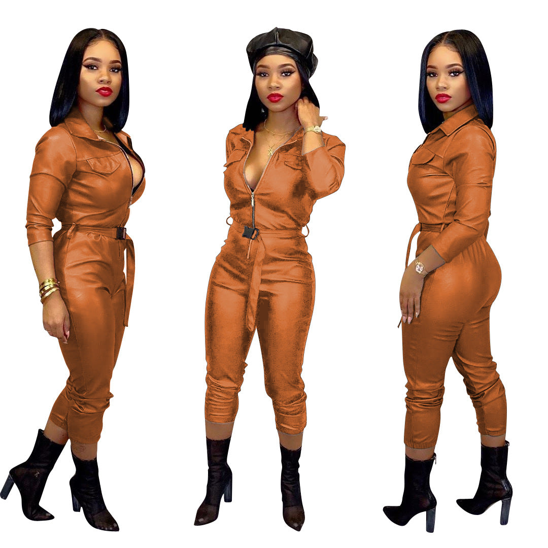 Women's Casual Fashion Solid Color High Elastic Leather Jumpsuit