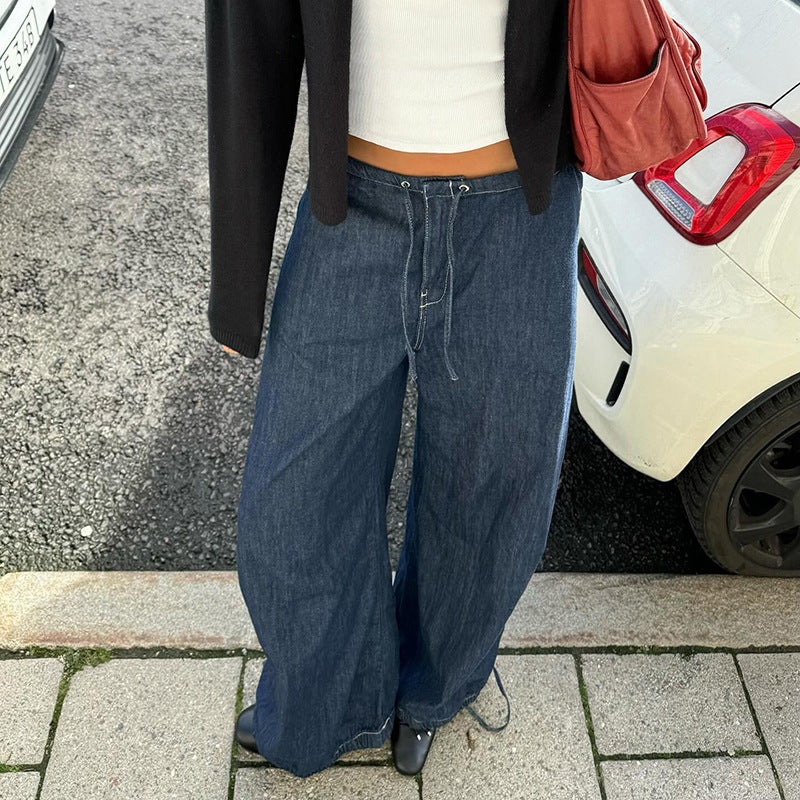 Retro Dark Blue High Waist Lace-up Jeans High Street Wide-leg Casual Pants