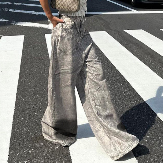 Personalized Distressed Washed High Waist Loose Drooping Trousers