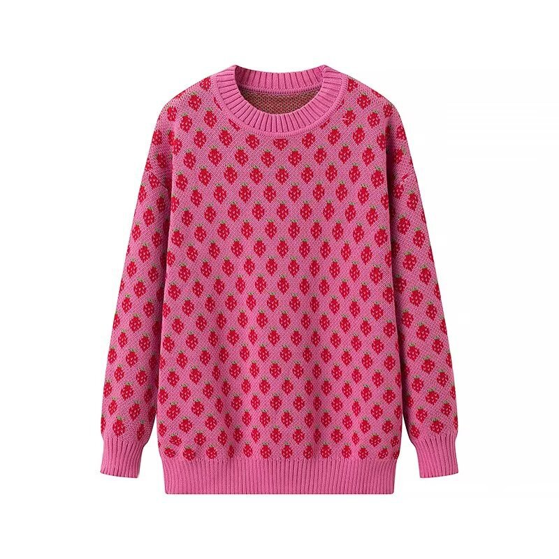 Stylish Minimalist Versatile Strawberry Jacquard Knit Sweater