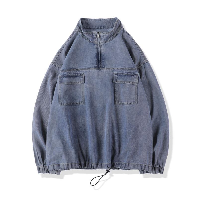 Stand Collar Jacket Men's Washed Denim Sweatshirt