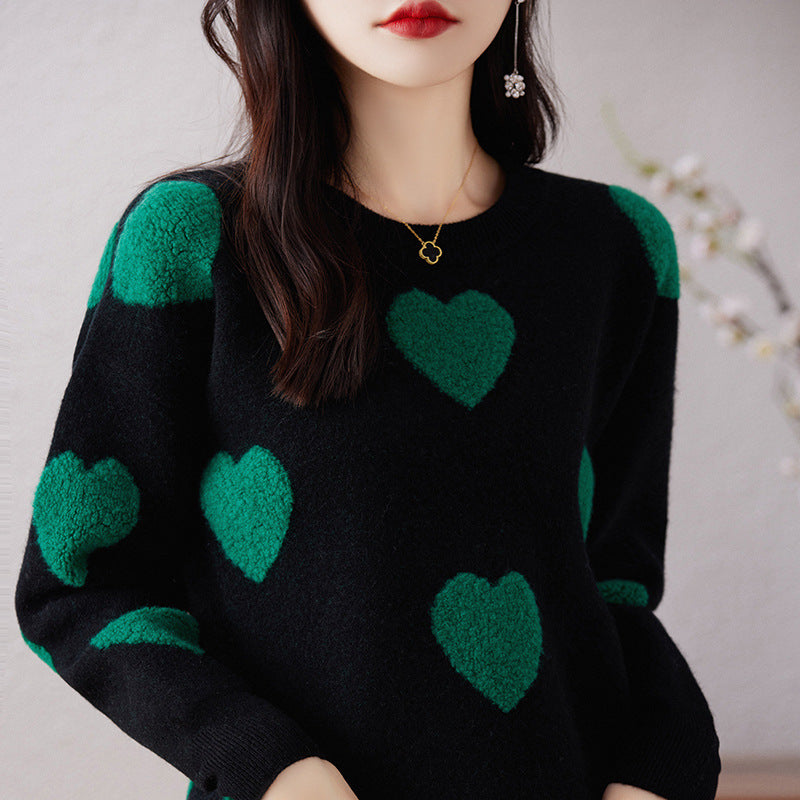 Round Neck Pullover Love Pure Wool Sweater Ladies