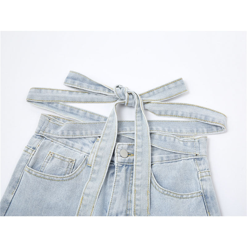 Fashion Thin Straight Loose Design Wide Leg Trousers With Straps