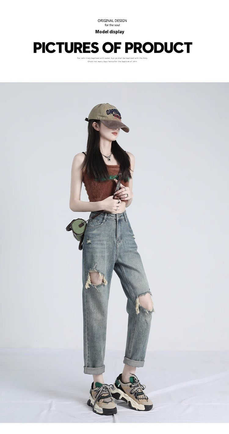 Ripped Daddy Jeans For Women Spring And Autumn New High Waist Loose Small